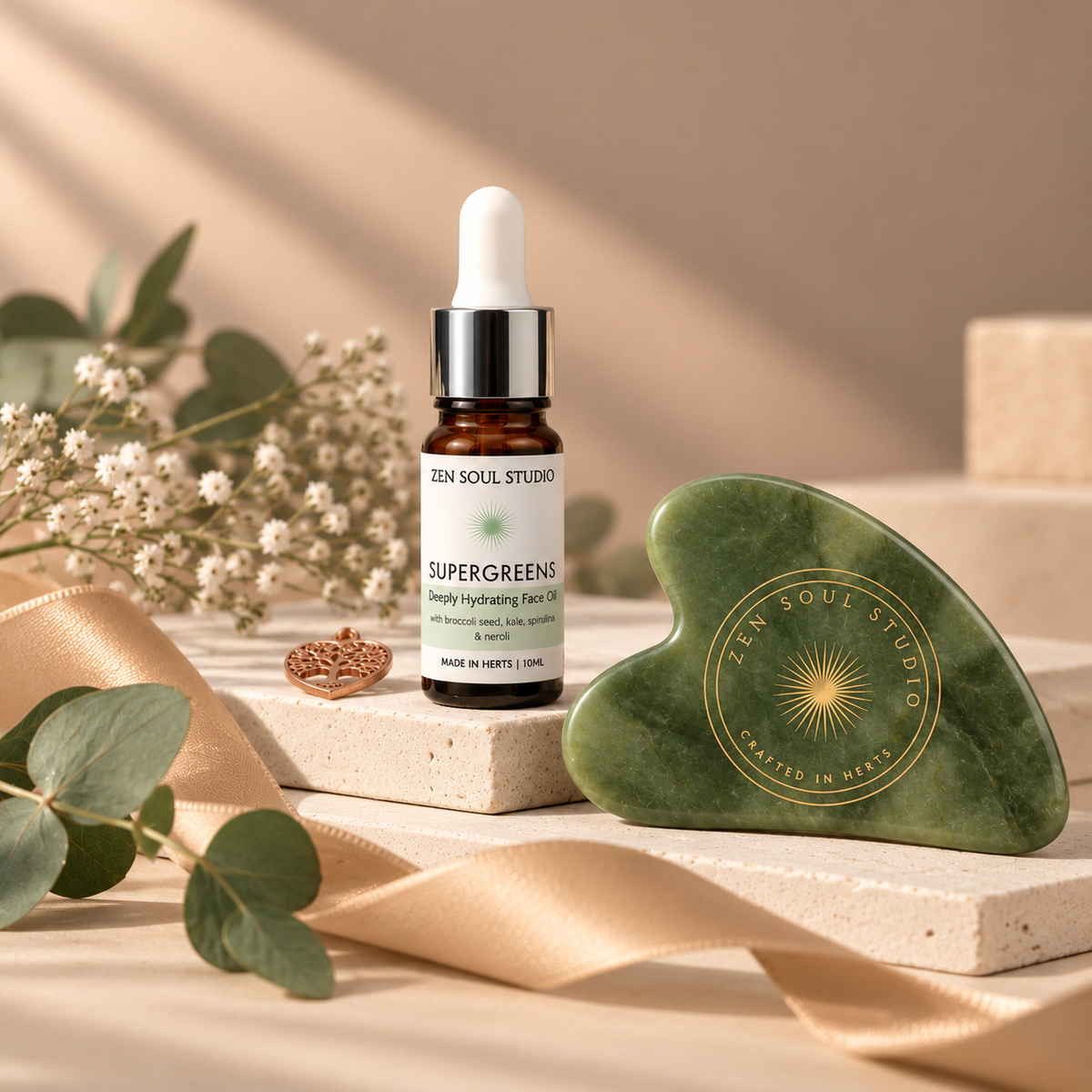 Jade Gua Sha Christmas Gift Set with SuperGreens Face oil with Neroli