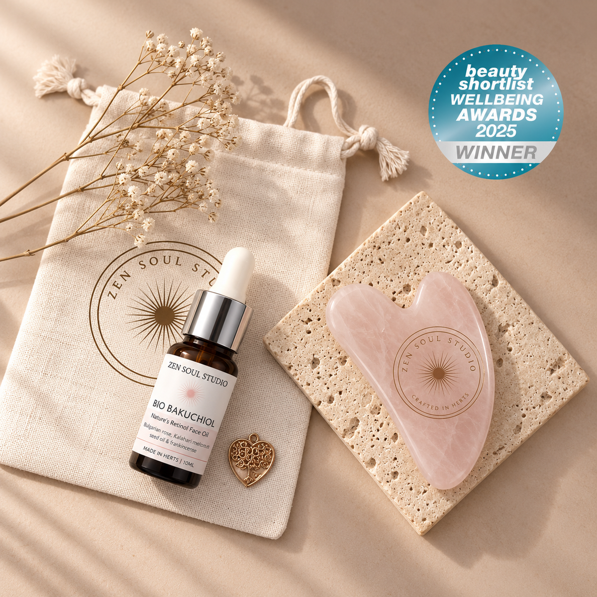 Rose Quartz Gua Sha Christmas Gift Set with Bakuchiol Face oil
