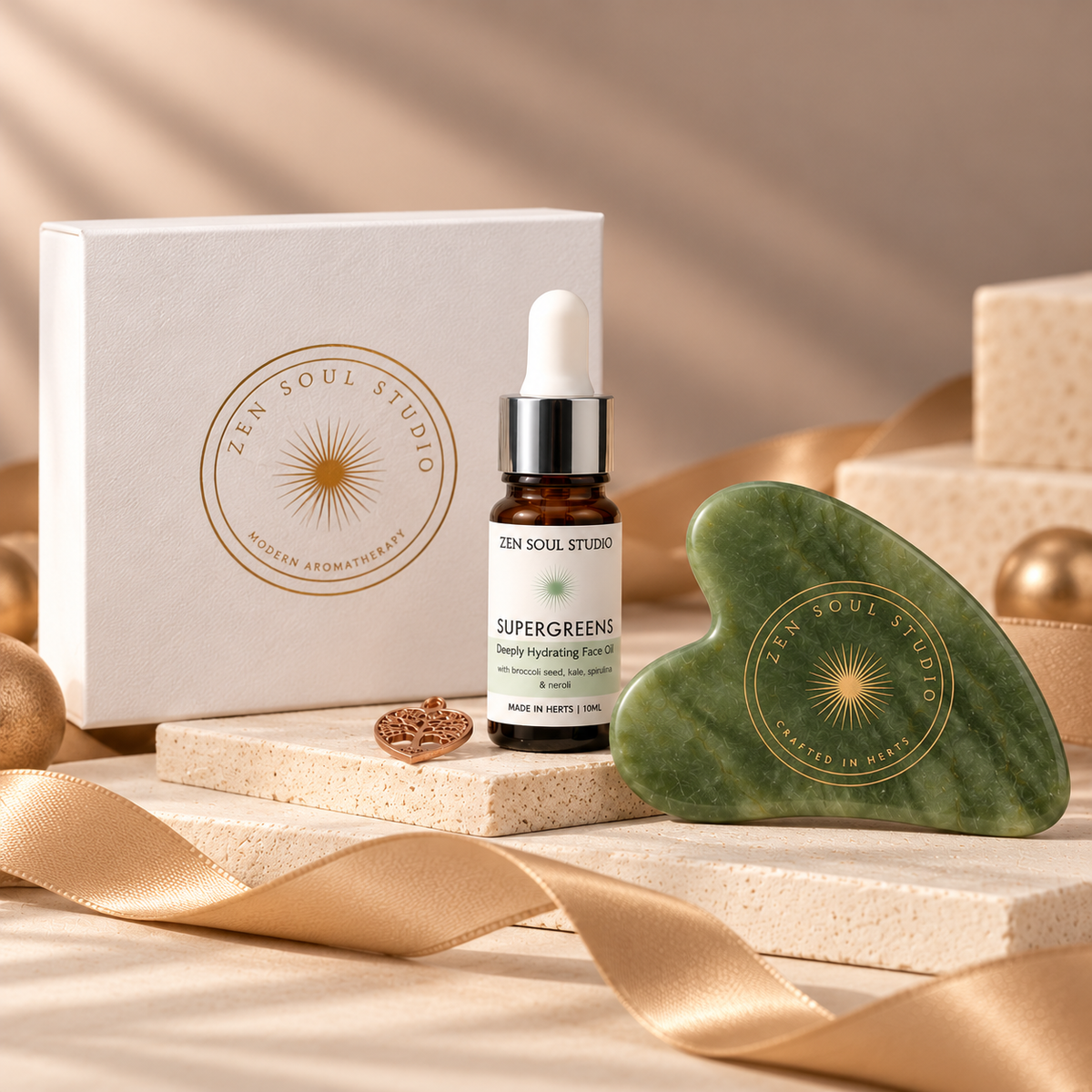Jade Gua Sha Christmas Gift Set with SuperGreens Face oil with Neroli
