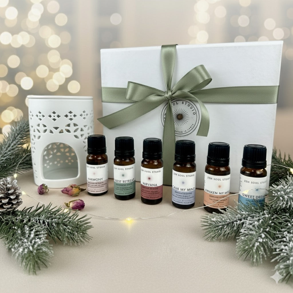 Aromatherapy Essential Oil Burner Gift Set with 6 Signature blends in Luxe gift box