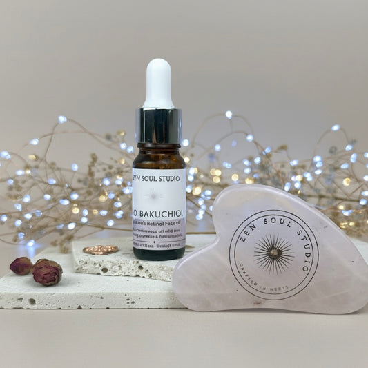 ROSE QUARTZ GUA SHA Discovery Set with Bio Bakuchiol Face Oil ~ Sculpt, Hydrate & Glow