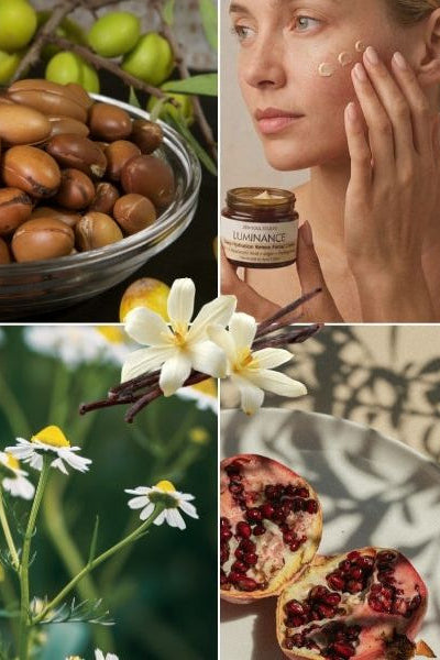 A four-panel collage showing skincare ingredients and a woman applying LUMINANCE Face Cream: Argan kernels, and vanilla beans, and pomegranate and chamomile