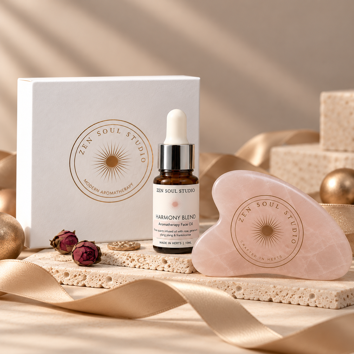 Rose Quartz Gua Sha Christmas Gift Set with Bakuchiol Face oil